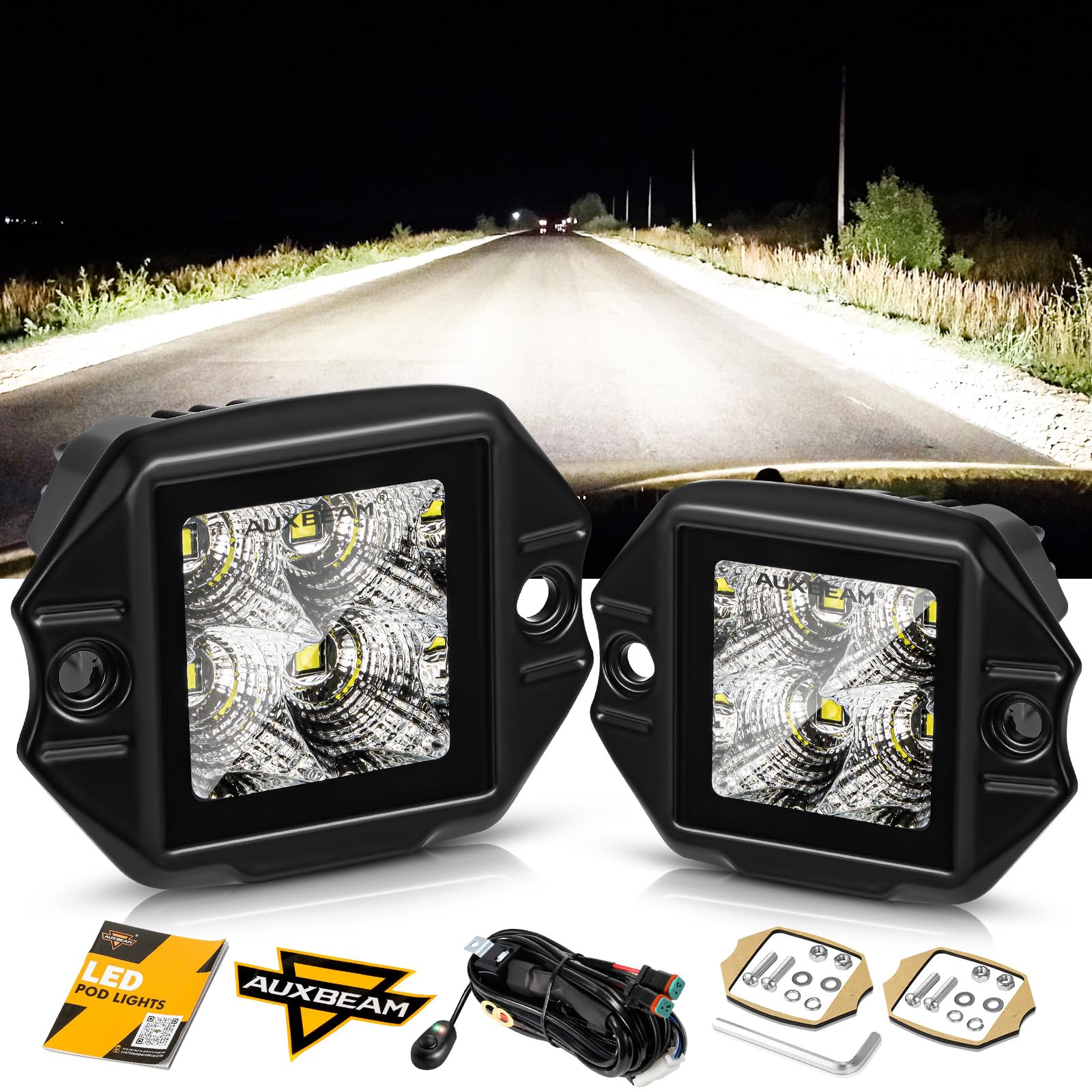 Auxbeam Flush Mount LED Pods, 3.5inch 40W Cube