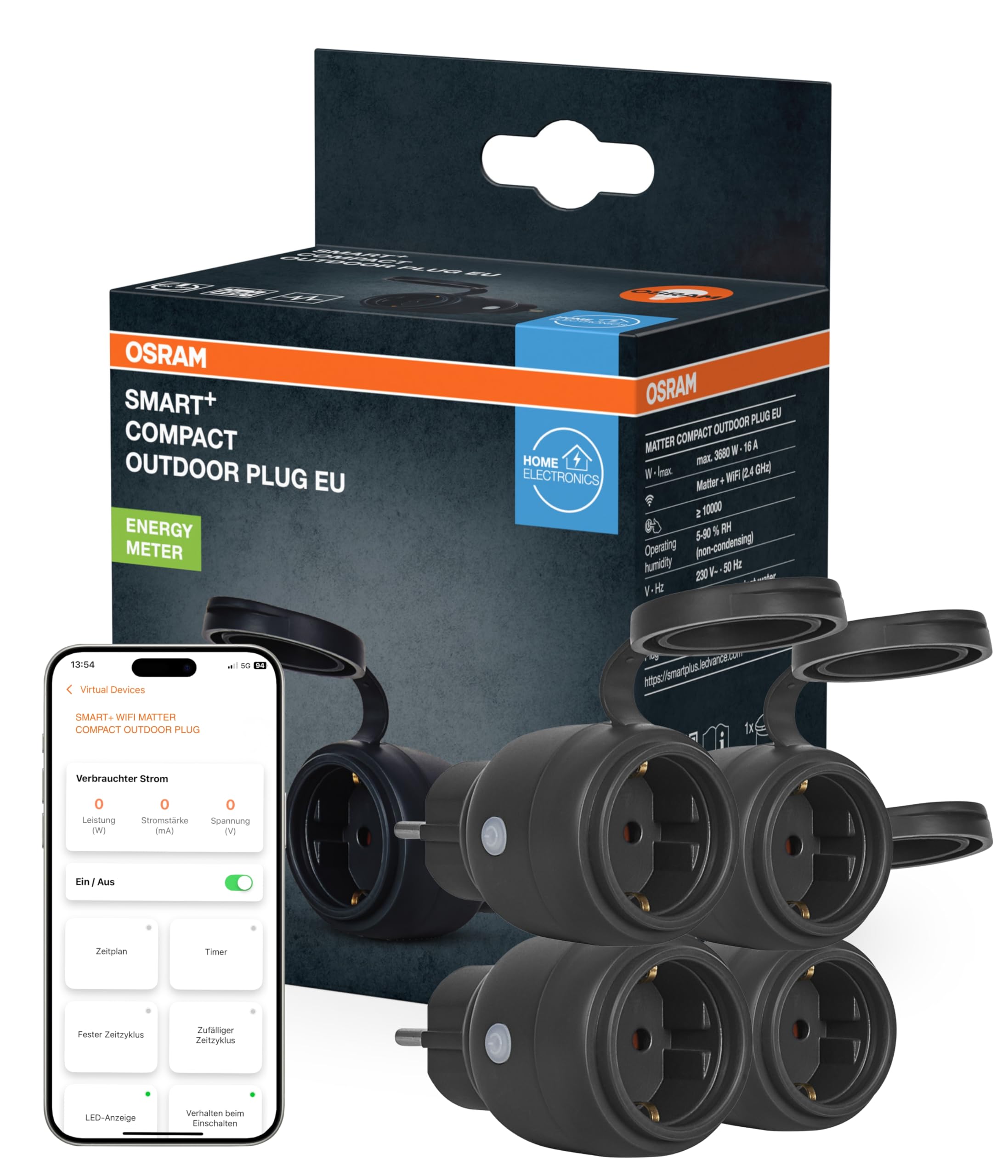 OSRAM SMART+ WiFi Matter Outdoor Plug Außensteckdose, 3680W, 16A, IP44, schwarz, Garten, Balkon