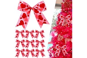 HONGSOME 12 Pcs Valentines Tree Bows Decorations,6 Inch Valentine Ornaments with Heart for Tree Home Party Front Door Wedding Holiday Decor Red Pink