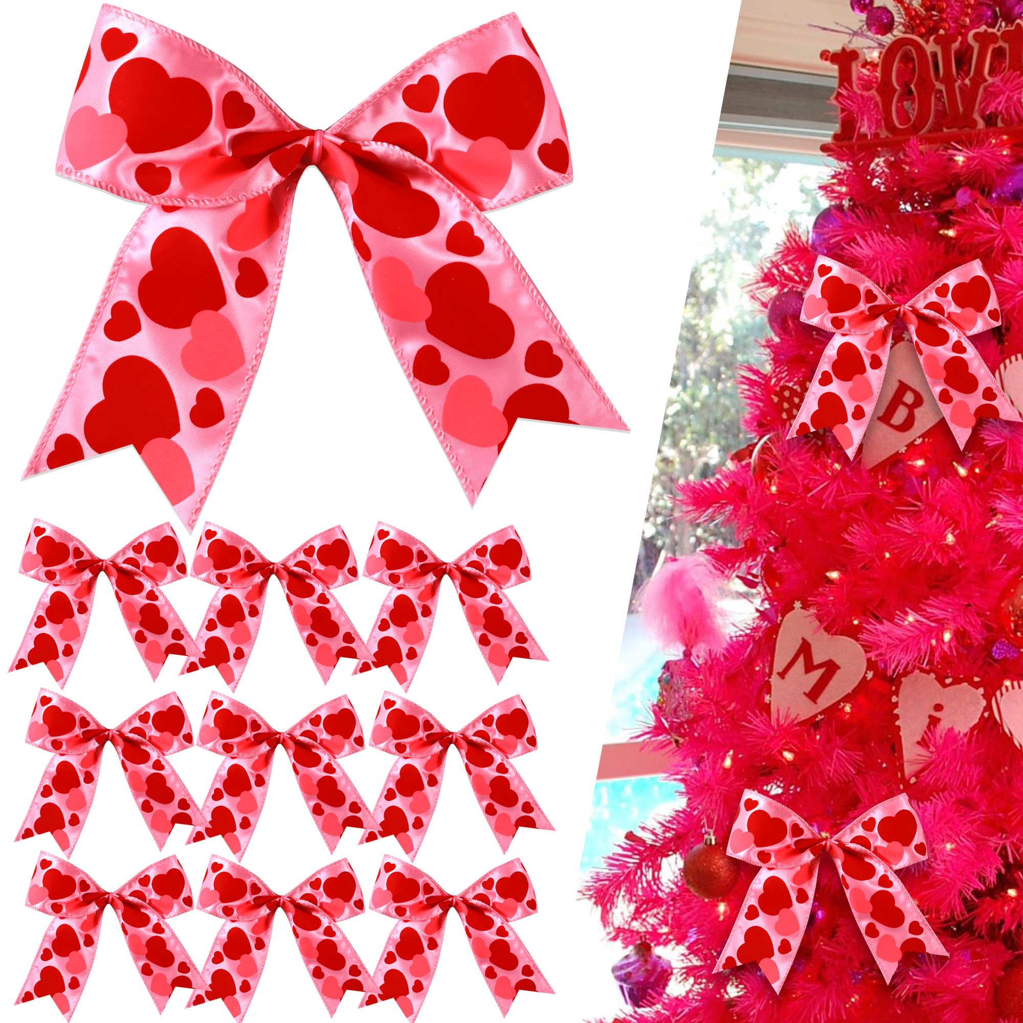 Photo 1 of 12 Pcs Valentines Tree Bows Decorations,6 Inch Valentine Ornaments with Heart for Tree Home Party Front Door Wedding Holiday Decor Red Pink