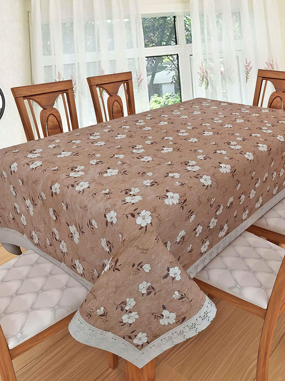 Buy Clasiko 6 Seater PVC Table Cover; Subtle White Flowers On Brown