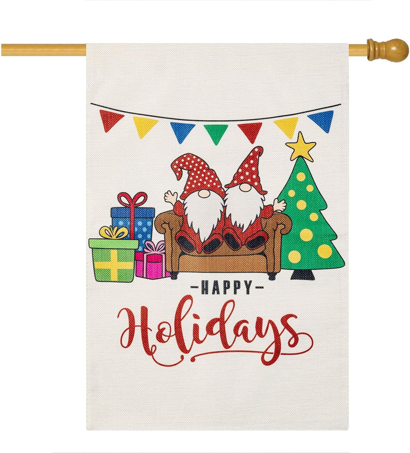 LARMOY Christmas Happy Holidays Gnome Garden House Flag 20 x 48 Inch Double Sided, Small Winter Burlap Yard Flags for Xmas Outdoor Decoration
