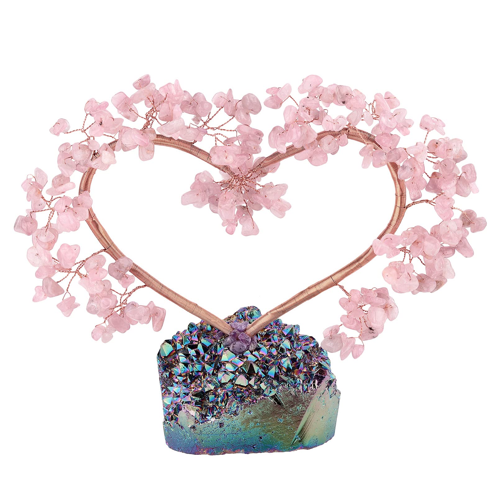 mookaitedecor Rose Quartz Crystal Tree of Life Love Heart Crystal Bonsai Tree with Rainbow Aura Quartz Base Pink Crystal Money Tree Healing Crystal Gifts, Love Heart Home Decor Wedding Love Ornament