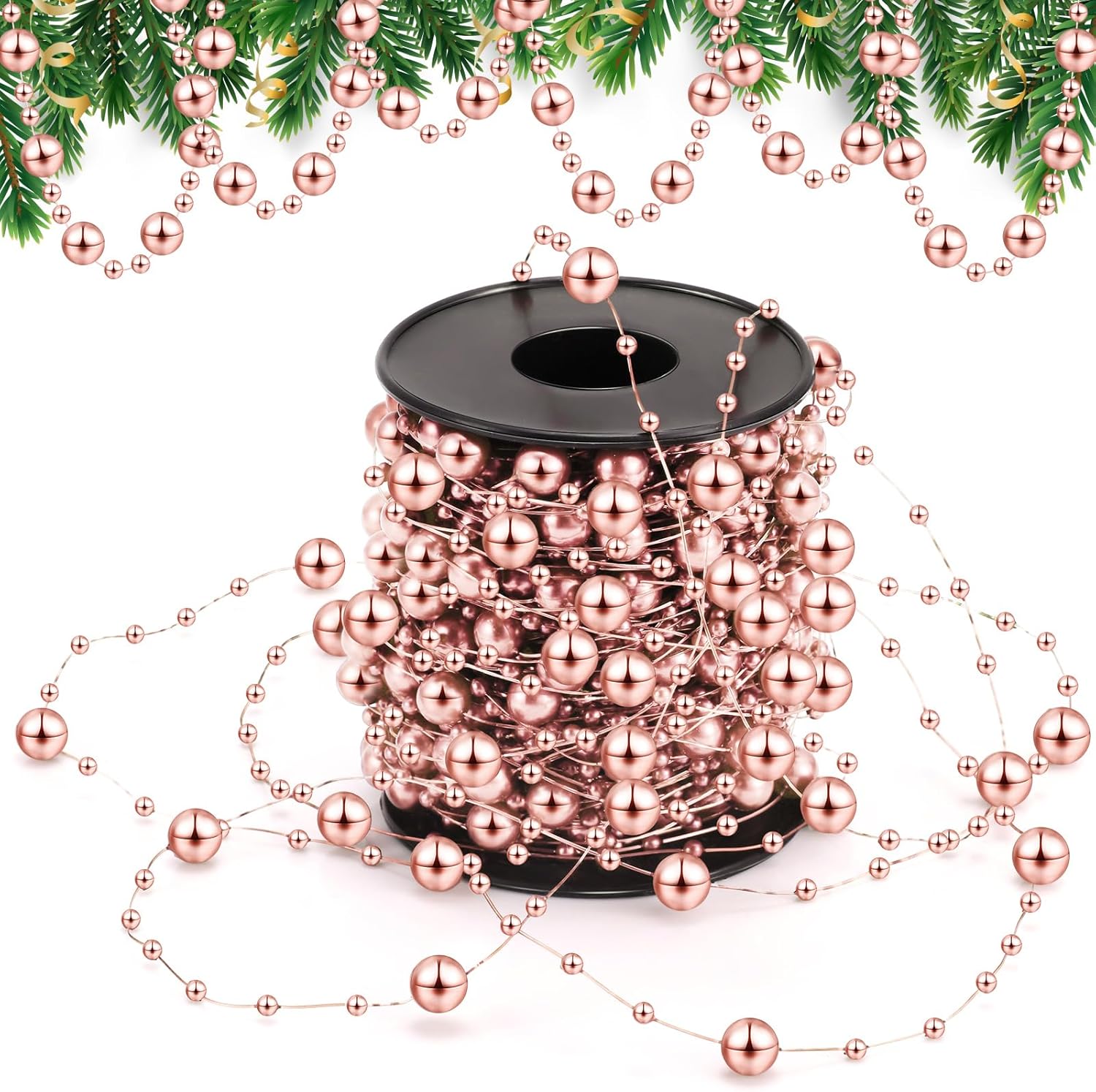 Wreaths, Garlands & Swags - Pangda 65.6 Feet Christmas Tree Beads Garland Plastic Pearl Strands Chain for Christmas Wedding Decoration (Rose Gold)