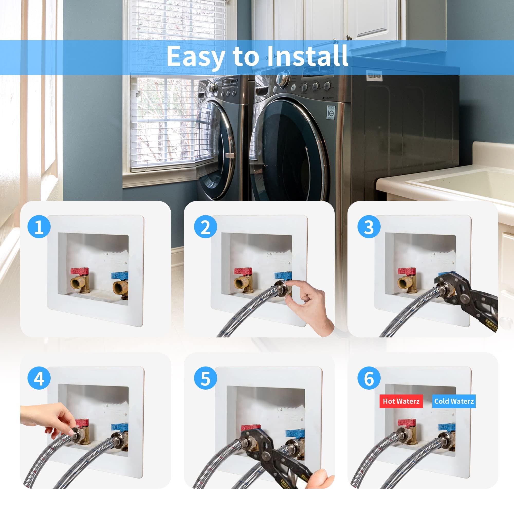 2 Pack 10 FT Stainless Steel Washing Machine Inlet Hose, Hot and Cold Water Washer Supply Hoses,3/4