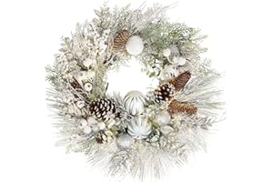 Briful Christmas Wreaths for Front Door 24" Christmas White Snow Flocked Door Wreath with Balls Ornaments Pinecone Berries for Xmas Room Fireplaces Walls Home Indoor/Outdoor Porch Decor
