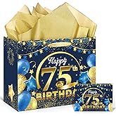 Wayyogh Blue 75th Birthday Gift Bag Large Navy Blue Gold Happy 75th Birthday Wrapping Bag with Tissue Paper Greeting Card for Men Women 75 Year Old Anniversary Party Favors Goodie Wrap Bag Supplies