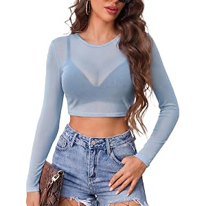 Avidlove Women's Mesh Tops See Through Sheer Shirt Sexy Clubwear XS-4XL | Long Sleeve, Crewneck, Crop Style, Sexy Going Out,