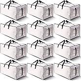 HOMESURE 12 Pack Large Strong Moving Bags with Zippers & Carrying Handles - Water-Resistant - Heavy Duty Storage Tote for Space Saving, Fold Flat, Alternative to Moving Box (Semi-Transparent)
