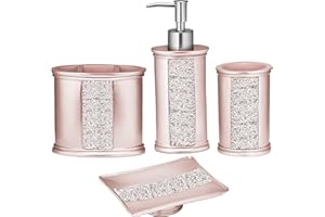 Zahari Home 4pc Sinatra Stylish Bathroom Accessories Set Liquid Soap Dispenser, Tumbler, Tooth Brush Holder and Soap Dish Modern Classic Luxury Decor Bling Mosaic Glass Blush Bathroom Accessories