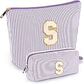 2 PCS Initial Makeup Bags for Women: Cosmetic Bag for Travel Toiletry - Birthday Gifts for 11 12 13 14 15 16 17 18 Years Old Girl Graduation Teacher Gift- Teen Girl Gifts Trendy Stuff - Purple S