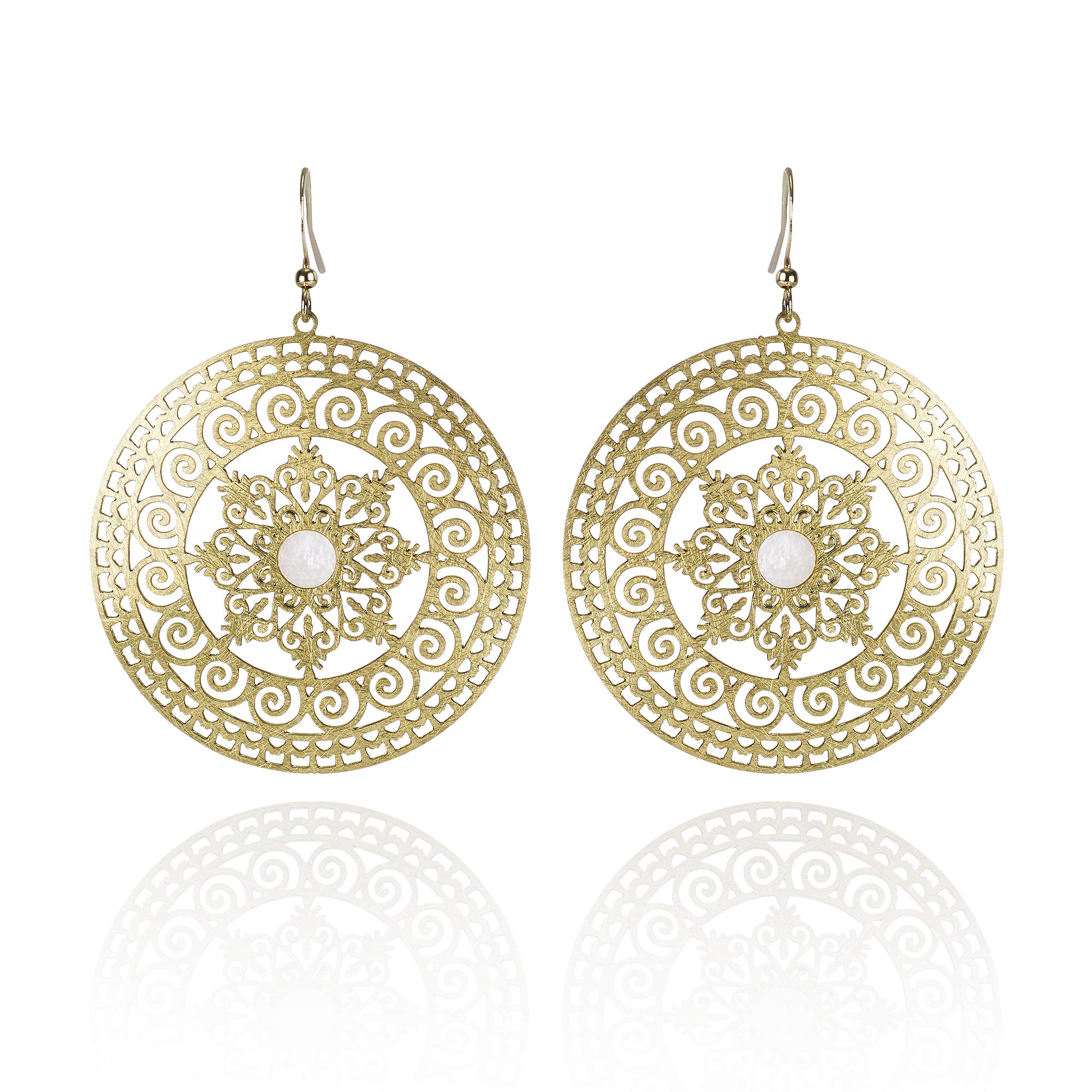 Namana Large Mandala Earrings with Mother of Pearl, Brushed Finish Sacred Geometry Round Drop Earrings, Big Gold Statement Earrings for Women and Teenage Girls, Gold Dangle Earrings for ladies