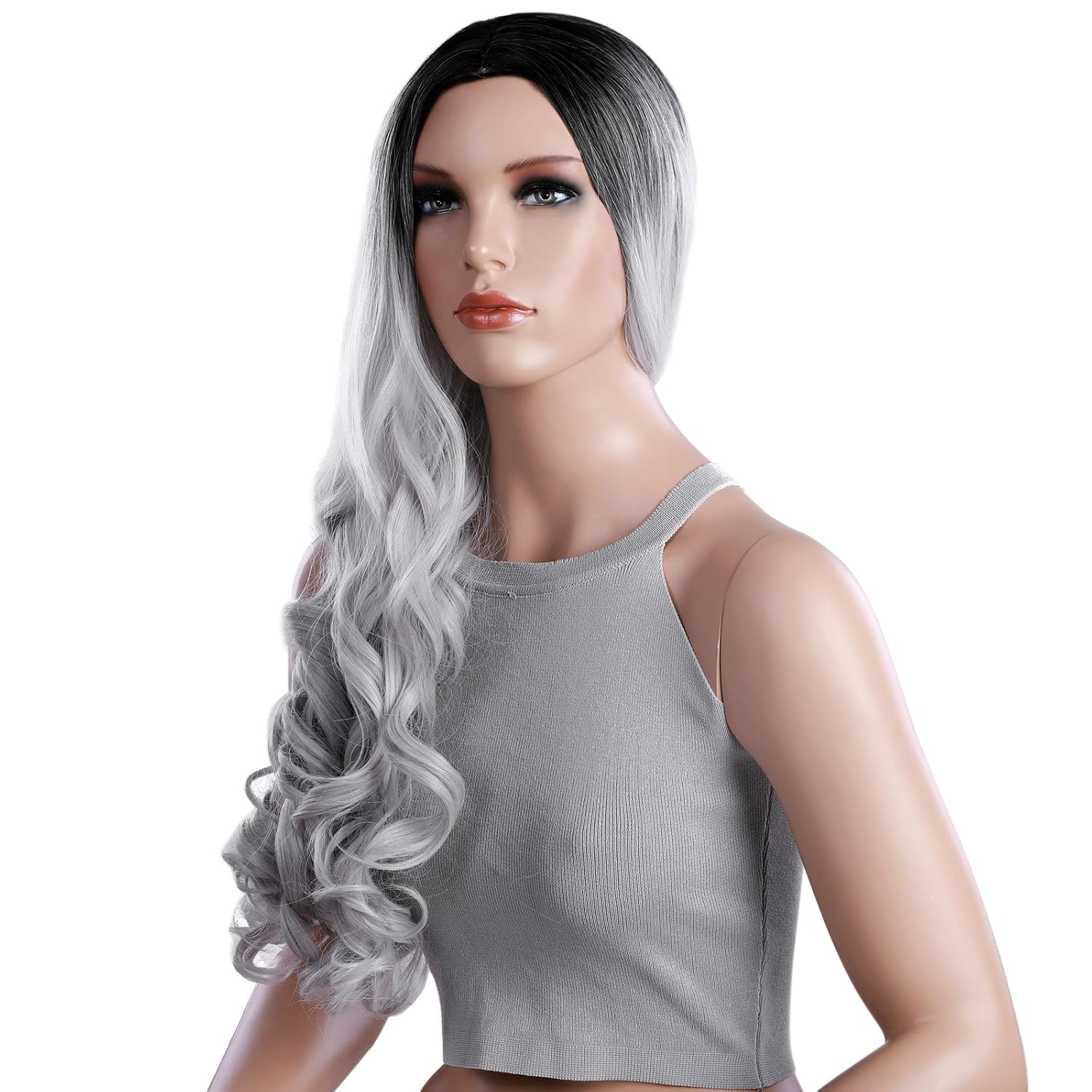 SONGMICS Perücke ombre grau Wig Mittelscheitel lang lockig voll synthetische Haare Haarersatz für Damen party cosplay 66 cm WWG02BG Amazon Beauty