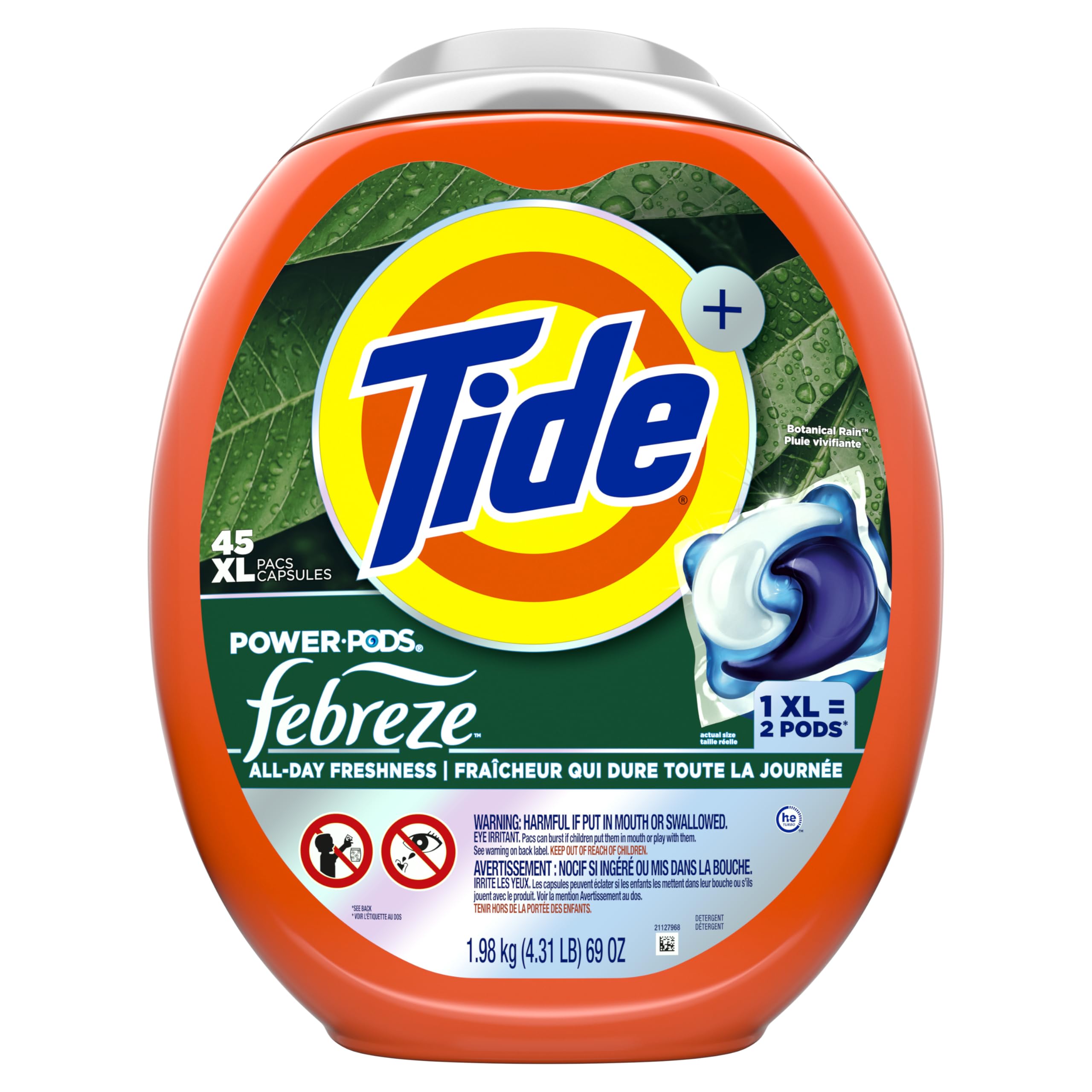 Tide Power Pods Laundry Detergent Pacs with Febreze Freshness with Odor Eliminators, Botanical Rain Scent, 45 Count