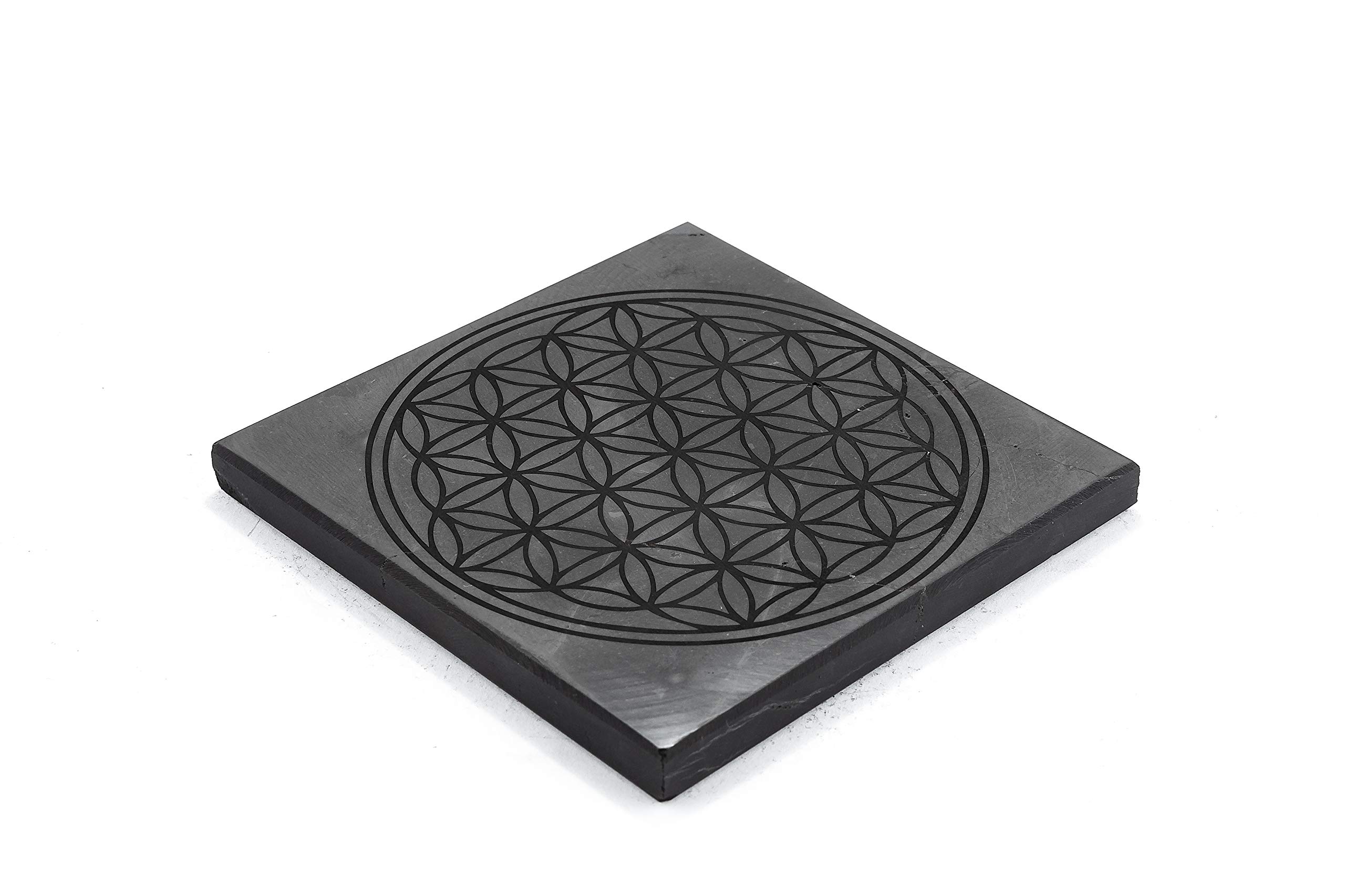 SN NATURSTEIN UG Precious Stone Shungite Direct from Karelia: Shungite Tile "Flower of Life", 10 x 10 x 1 cm, Polished