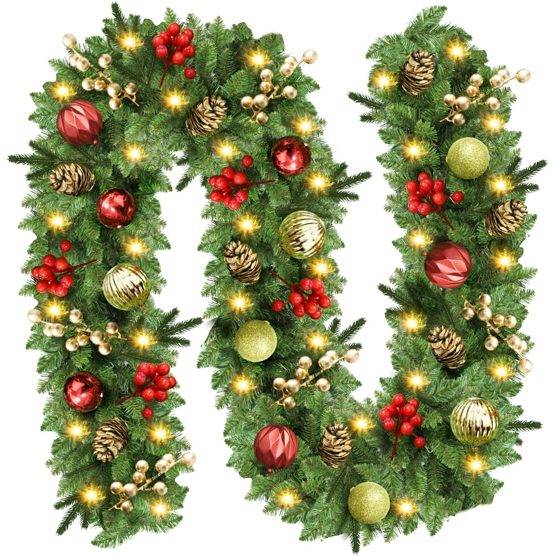Photo 1 of Christmas Garland with Lights, 9FT Prelit Christmas Garland Battery Operated Christmas Wreath with Pine Cones, Red Berries, Artificial Xmas Garland for Mantle, Fireplace, Stairs, Outdoor Decorations
