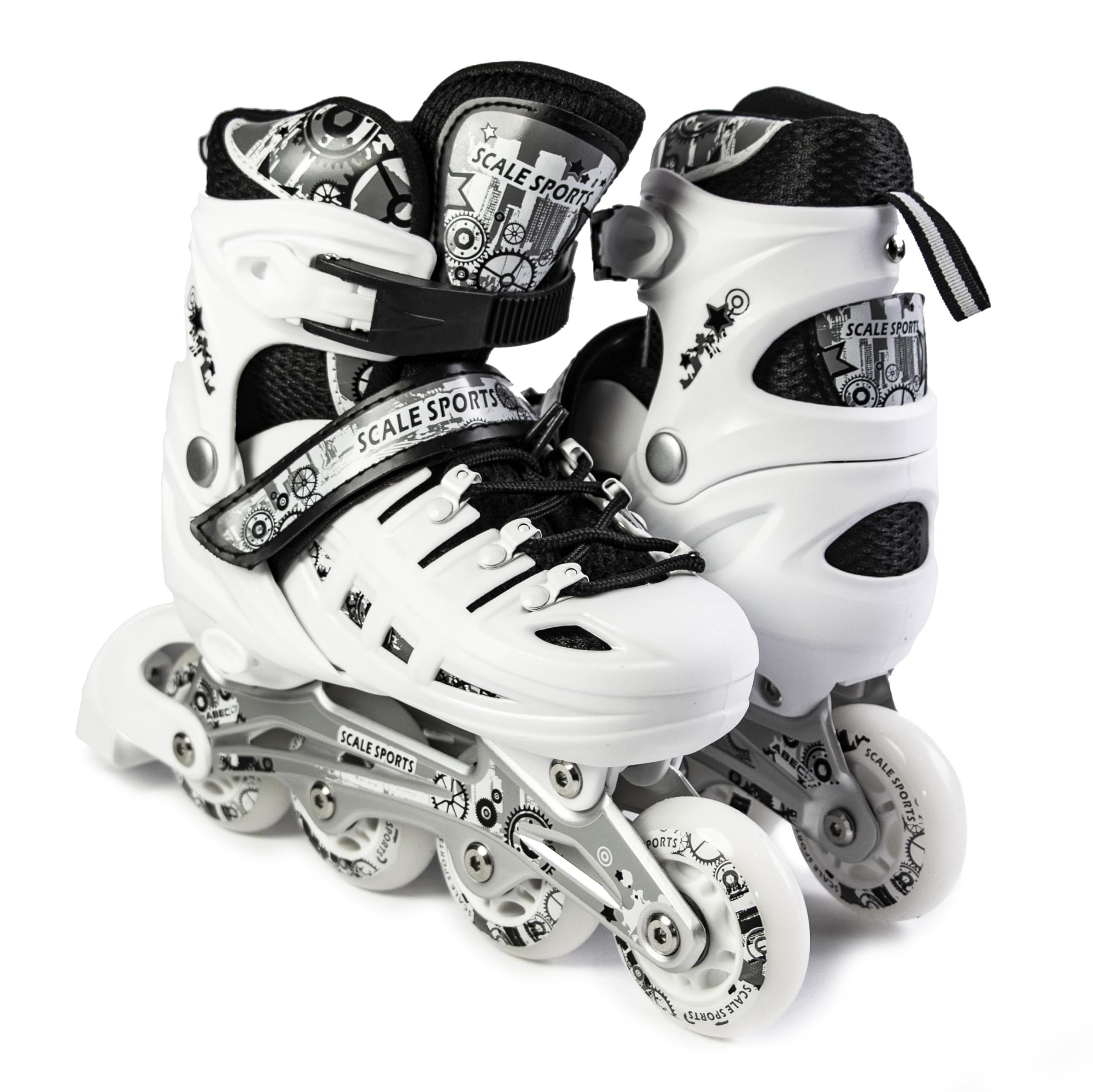 Scale Sports - Adjustuble Roller Skates with light up wheels for children and adults - Kids Inline Roller Skates (white, UK C11-1 (EU 29-32) S)