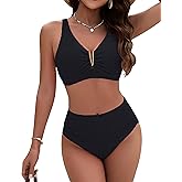 Blooming Jelly Womens High Waisted Bikini Set Tummy Control V Wire Crinkle 2 Piece Swimsuit Modest Full Coverage Bathing Suit