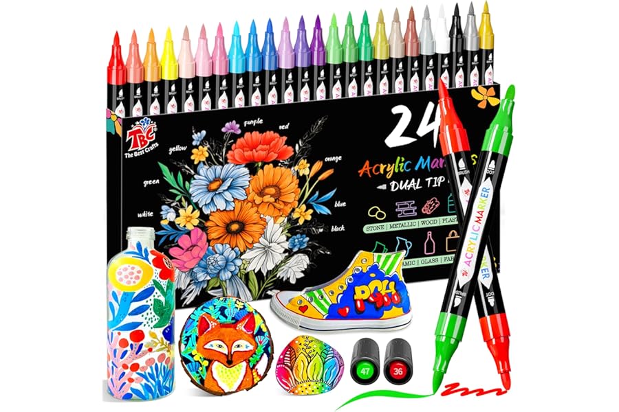 TBC The Best Crafts Acrylic Paint Markers for Teens, 24 Colors Dual Tip – Waterproof, Non-Toxic, Fast-Drying Art Pens for Rock Painting, Wood, Glass, Ceramic, Fabric – Birthday Crafts Gift for Teens