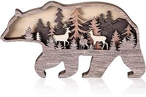 Honoson Forest Animal Rustic Wall Art Decor Wooden Farmhouse Wall Decoration Wooden Animal Decor Wood Forest and Mountain Ornaments for Cabin Bedroom Living Room Decor(Brown,Bear Style)