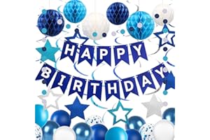 Blue Birthday Decorations, Happy Birthday Banner with Honeycomb Balls, Circle Dots Garland, Stars Hanging Swirl Streamers, Ha