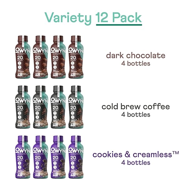 OWYN ONLY WHAT YOU NEED PROTEIN SHAKE VARIETY PACK, DARK CHOCOLATE, COLD BREW COFFEE, COOKIES AND CREAMLESS, 20G PROTEIN, 4G SUGAR, 3G FIBER, DAIRY FREE, PLANT BASED PROTEIN DRINK, 12 CT