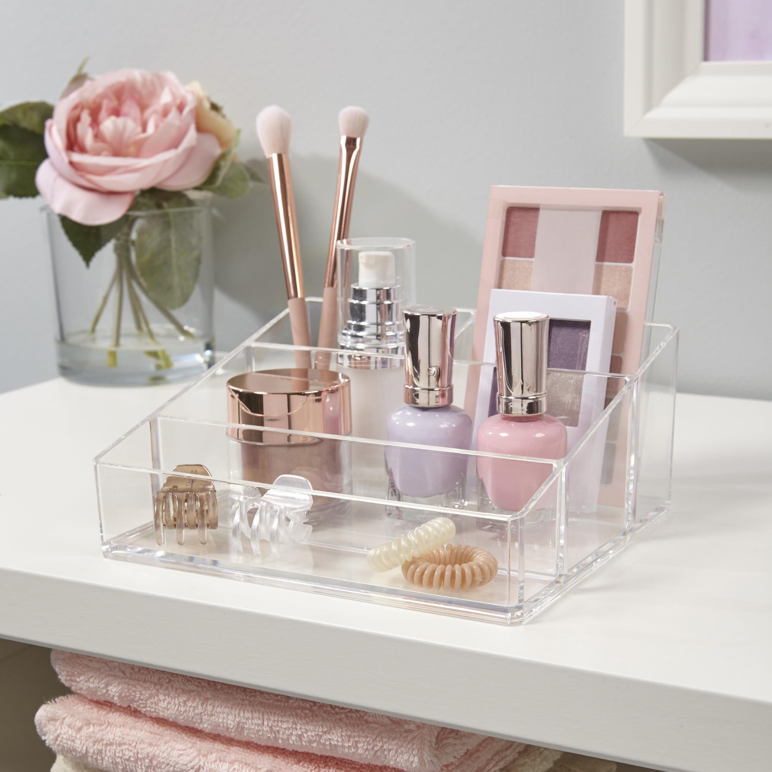 STORi Clear Plastic Small Countertop Vanity Makeup Organizer, Compact Rectangular 4-Compartment Holder for Brushes, Eyeshadow Palettes, & Beauty Supplies, Made in USA