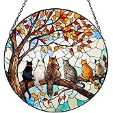 Stained Glass Suncatcher Window Hanging - 6 Cats on a Branch, Cat Lover Gifts for Women Men Mom, Home Decor for Window Door, Christmas Birthday, 7.87x7.87 in