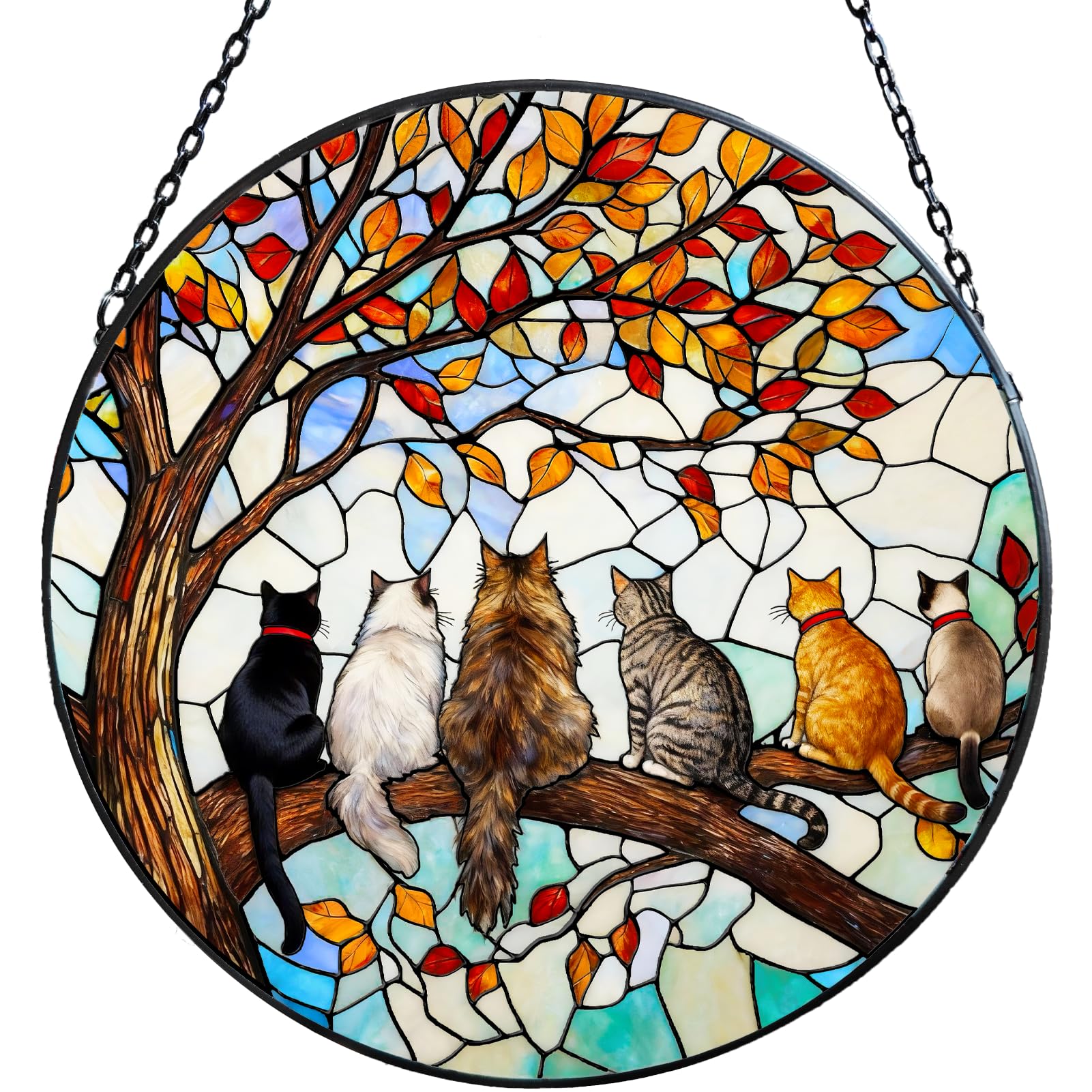 Photo 1 of Stained Glass Suncatcher Window Hanging - 6 Cats on a Branch, Cat Lover Gifts for Women Men Mom, Home Decor for Window Door, Christmas Birthday, 7.87x7.87 in