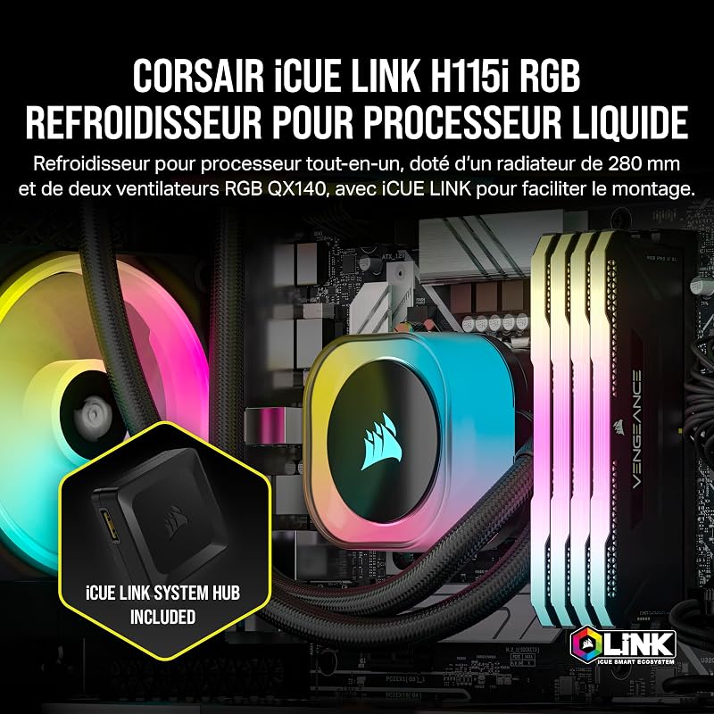 iCUE Link H115i RGB Liquid CPU Cooler - 280mm AIO - Ventilateurs QX140 RGB - Convient à Intel® LGA 1700, AMD® AM5 - Hub Système iCUE Link Inclus - Noir