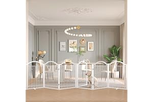 BHG Metal No-Assembly Freestanding Dog Gate with Door Walk Through, Extra Wide 144", Extra Tall 32" Pet Gate, Accordion Puppy Folding Playpen Dog Fence, with 2PCS Support (White, 6 panesl)