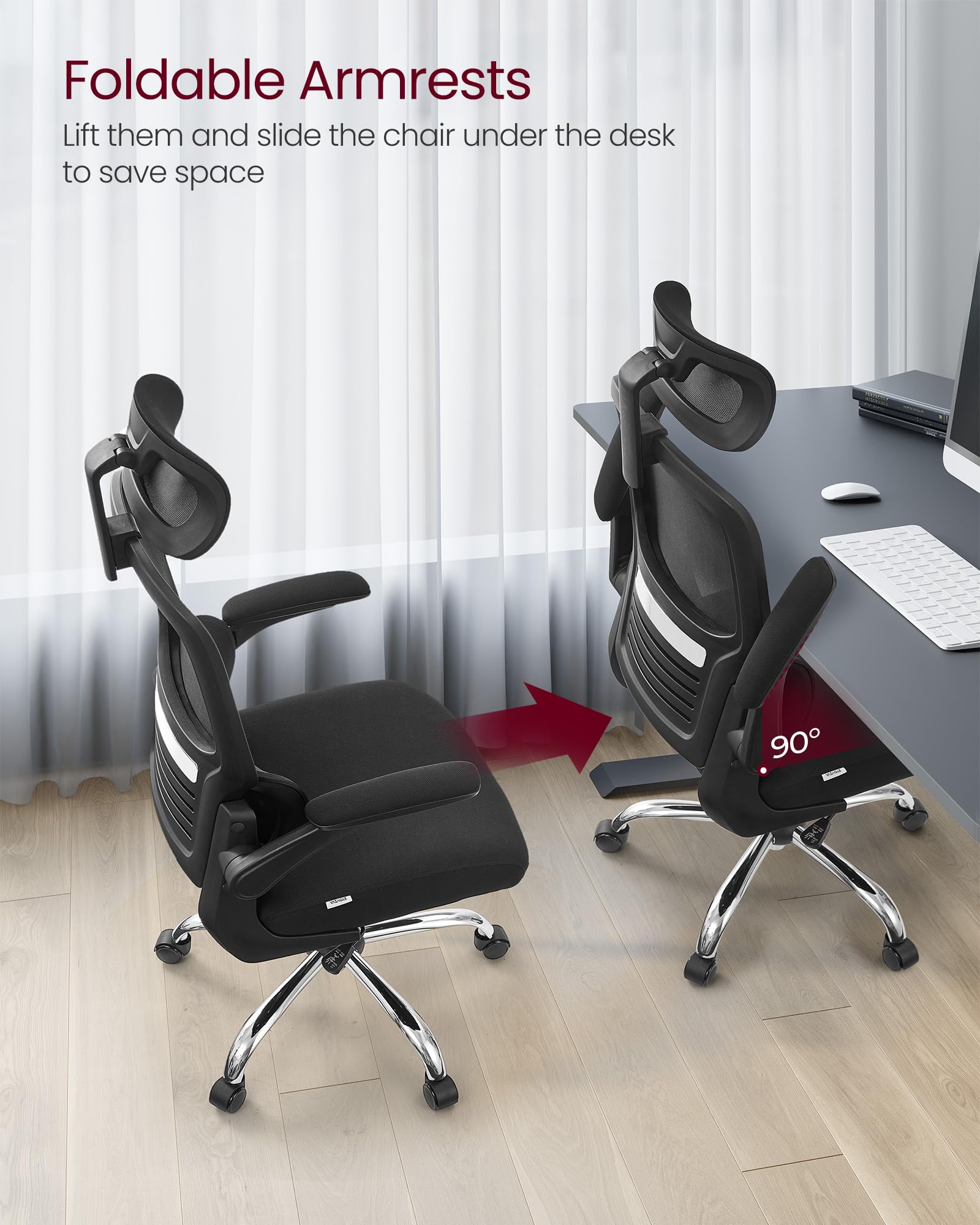 VASAGLE Office Chair, High Back Mesh Chair for Computer Desk, Adaptive Lumbar Support, Ergonomic, Foldable Armrests, Adjustable Headrest, Tilt Function, for Home Office, Ink Black UOBN040B21