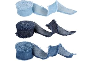 3 Rolls 6 Yards Denim Ribbon, Rustic Frayed Fringes Strips Blue Jean Material Fabric Trims for Wedding Bouquets Bow Decor Gif