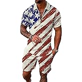 BIRW Large American Flag Print Mens Short Sets 2 Piece Outfits Fashion Summer Tracksuits Casual Set Polo Shirt Short Sleeve and Shorts Set