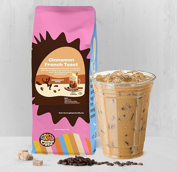 CRAZY CUPS FLAVORED GROUND COFFEE, CINNAMON FRENCH TOAST, IN 10 OZ BAG, FOR BREWING FLAVORED HOT OR ICED COFFEE
