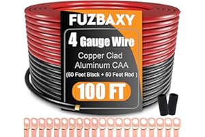 Fuzbaxy 4 Gauge Wire (50Feet Black+50Feet Red) Copper Clad Aluminum CCA - Primary Automotive Wire Power/Ground,20PCS Lugs Terminal Connectors,20PCS 3:1 Heat Shrink Tubing