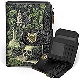 Icycay Goth Gothic Skull Small Wallet Women RFID Blocking Bifold, Credit Card Holder, Zipper Coin Pocket, Funny Witchy, Compact, Travel, PU Leather, 4 ID Window 14 Card Slots, Cash Purse, Ladies Woman