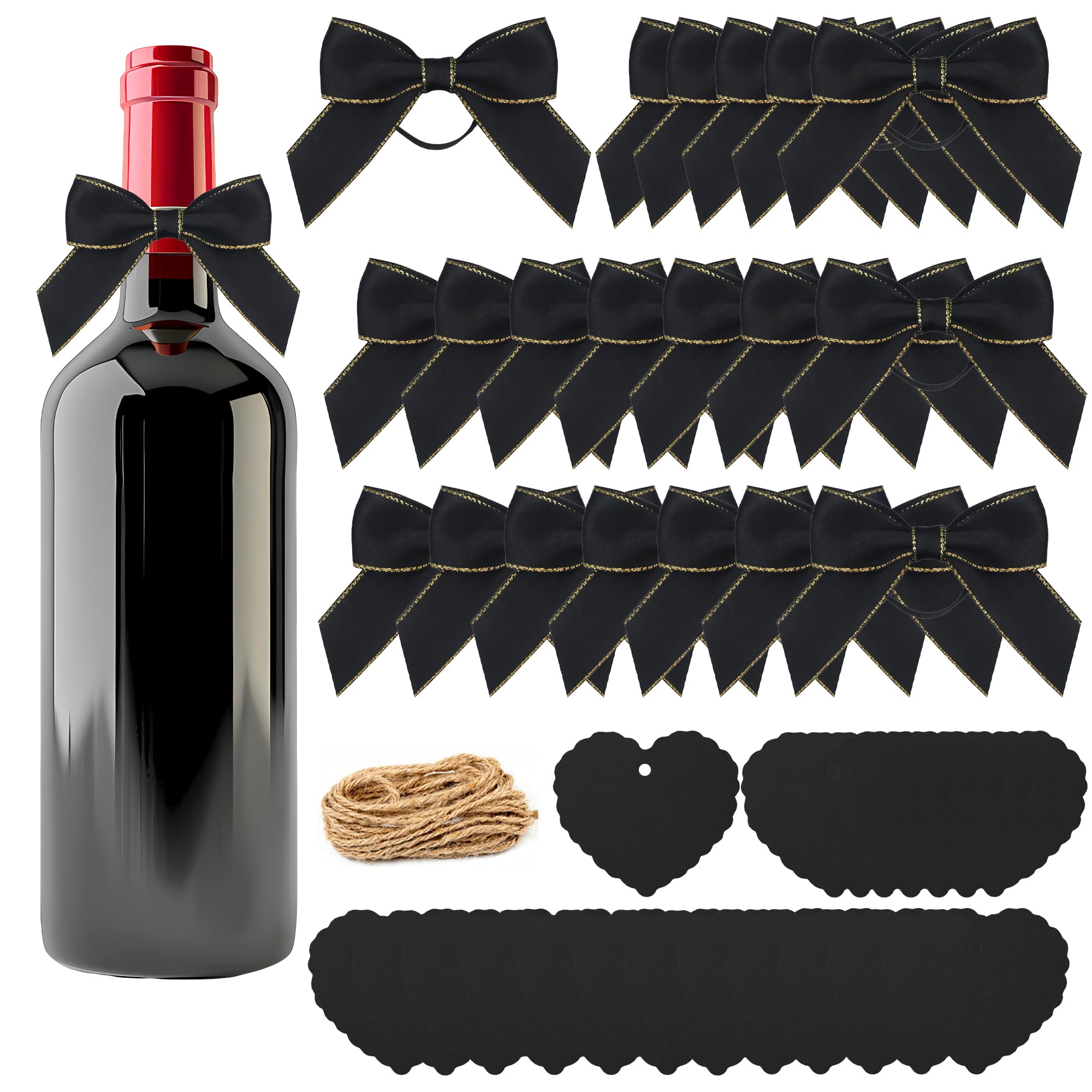 SEABABOO Decoration of Wine Bottle Labels, Wine Labels, 20 x Bottle Labels and 20 x Bows Gift Tags Kraft Paper for DIY Sparkling Wine Bottles (Black)
