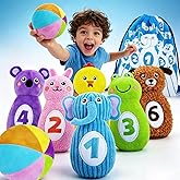 teytoy Baby Bowling Set for Toddlers 1-3, Bowling Games for Kids Indoor | with 6 Pins and Storage Bag, Animal Themed Sensory Toys with Rattle &amp; Number, Easter Christmas Birthday Gift