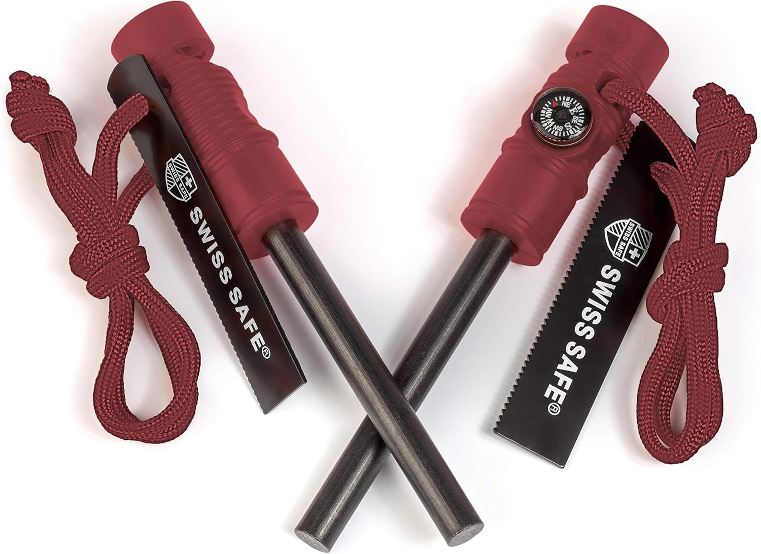 Swiss Safe 5-in-1 Fire Starter with Compass, Paracord and Whistle (2-Pack) for Emergency Survival Kits, Camping, Hiking, All-Weather Magnesium Ferro Rod: Home & Kitchen