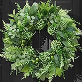 24 Inch Artificial Greenery Wreath for Front Door - Green Wreath with Eucalyptus and Fern Leaves, Spring Summer Fall Winter Eucalyptus Wreaths, Indoor Outdoor Wreath for Farmhouse Outside Year Round