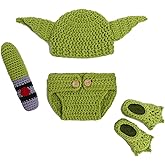 DICHA Handmade Crochet Costume- 4-Piece Set: Hat, Diaper,Booties Shoes and Accessories - Baby Photography Props for Newborns 0-3 Months - Soft Yarn Green Alien Style Baby Photo Prop