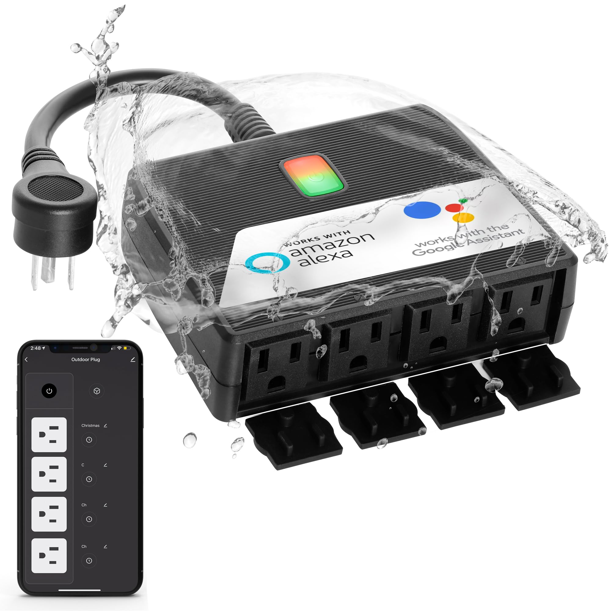 Photo 1 of Smart Heavy Duty Outdoor Power Strip WiFi Plug Water-Resistant Socket, Electrical Power Extension Cord, Outlet Switch and Timer Works Remotely with Alexa, G Assistant (4 Sockets) Black