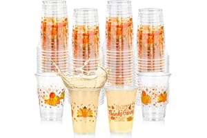 QZYL 50 pcs Thanksgiving Cups, 14 oz Disposable Plastic Cups Fall Drinkware Bulk, Turkey Pumpkins Leaves Printed Thanksgiving Decorations for Soda, Juice, Beverages, Autumn Holiday Harvest Party Supplies