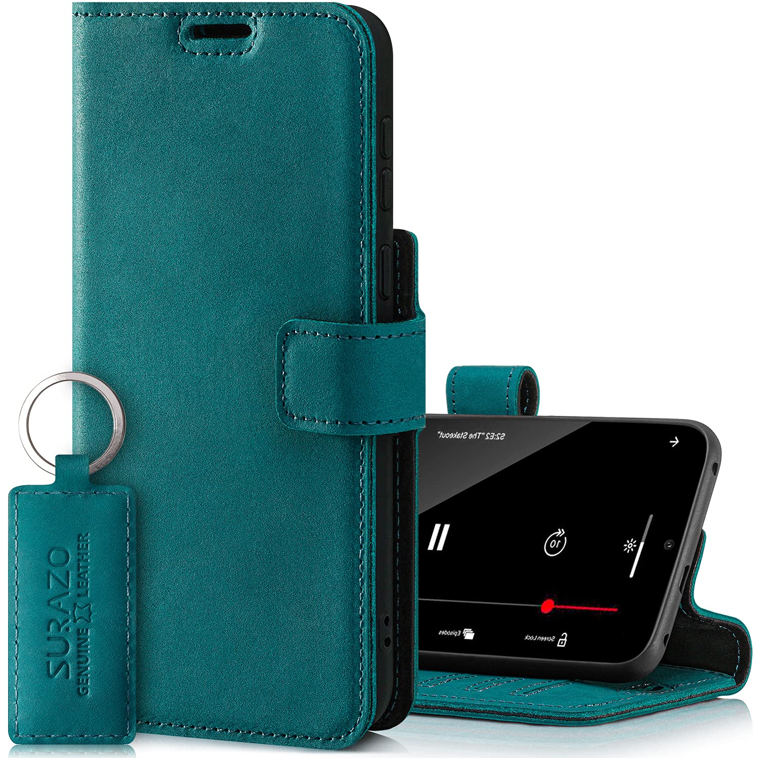 SURAZO Prestige Leather Case for Apple iPhone 13 Pro Max - RFID Wallet Flip Cover with 3 Card Slots & Cash Pocket - Secure Magnetic Closure & Kickstand - Real Leather Folio Bumper (Turquoise) — image 1