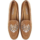 SINSIYONG Embroidered Loafers for Women Round Toe Velvet Flats with Lion Head Pattern