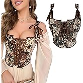 Renaissance Floral Corset Tops for Women Going-Out Vintage Brown Push-Up Overbust Bustier Lace-Up Boned Bodyshaper
