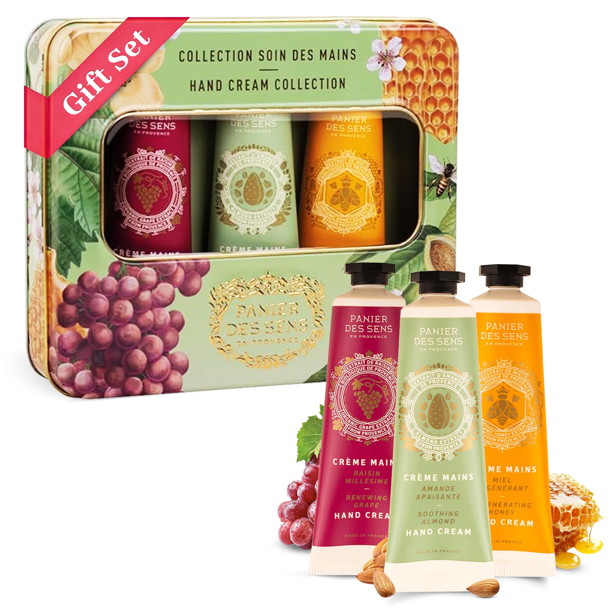 Panier des Sens - Gift Box for Women - Natural Hand Cream 3x30ml, Almond, Honey & Grape - Gift for Her Made in France - Women's Gift Sets with 97% Natural Ingredients - Mini Hand Cream