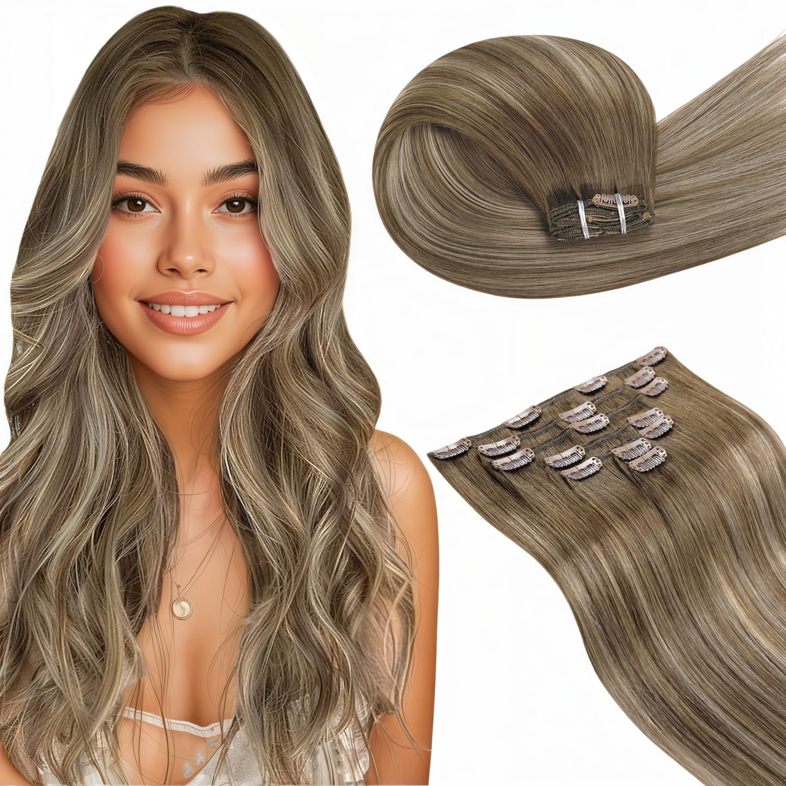 LaaVoo Clip in Hair Extensions Real Human Hair Light Brown Hair Extensions Clip in 14 Inch 120g 7pcs Full Head Straight Balayage Blonde Remy Hair Double Weft #8/16/8