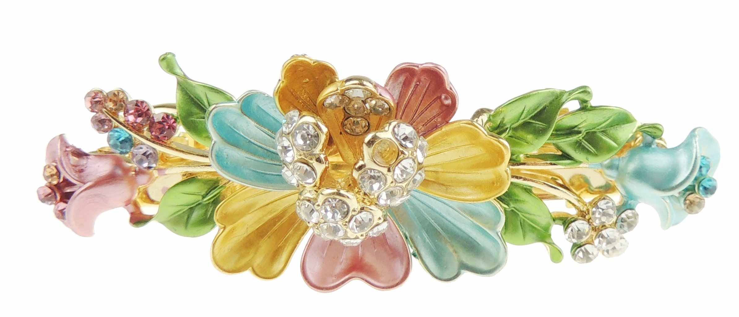 Womens Girls Crystal Rhinestone Diamante Wedding Birthday Party Evening Ponytail Fine Medium Hair Accessories Occasion Barrette Hairpin Grip 7cm French Spring Clip Floral Flower Enamel (Multi)